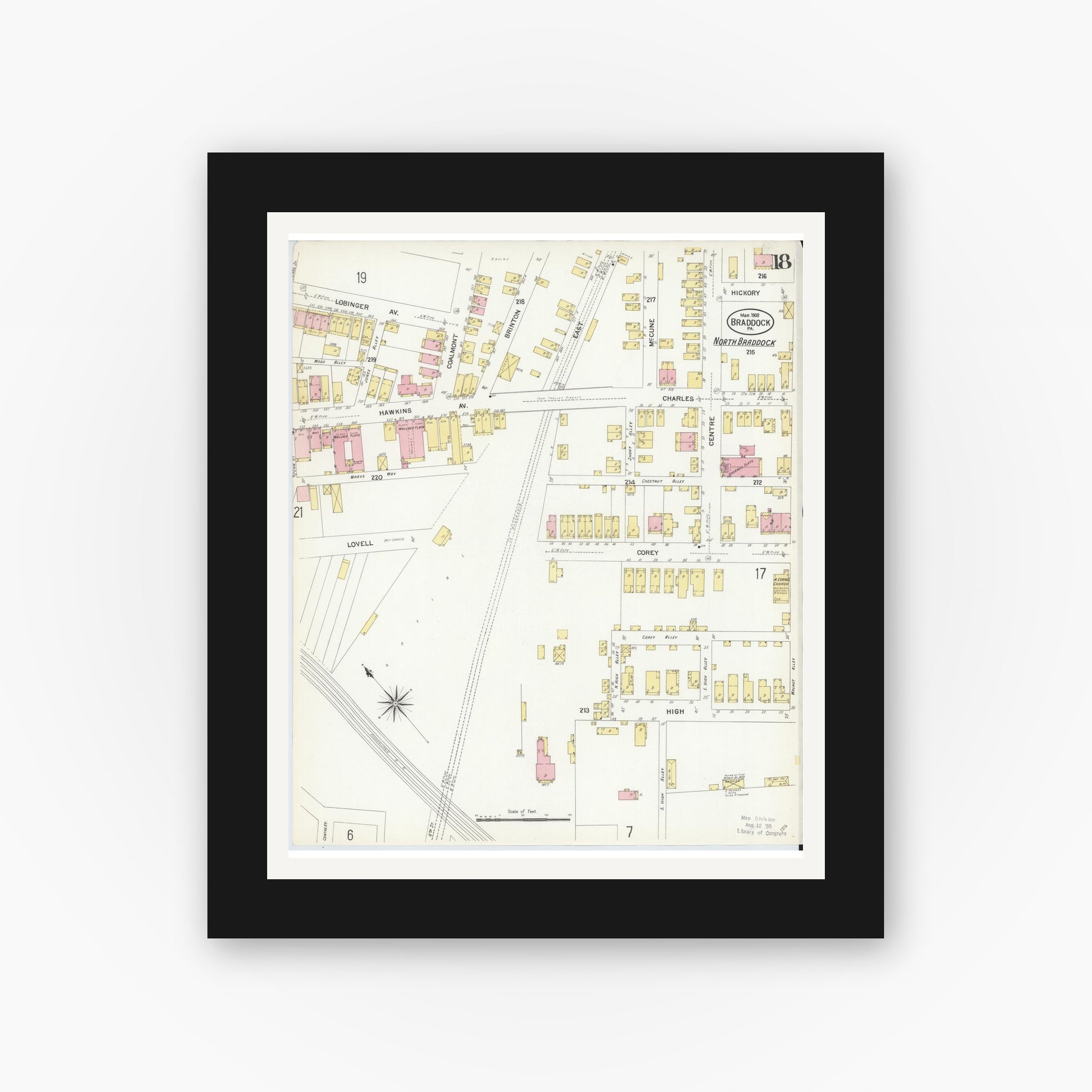 Old map wall art mockup — black gallery frame with white mat — Sanborn Fire Insurance Map from Braddock, Allegheny County, Pennsylvania (1908), Sheet #0018