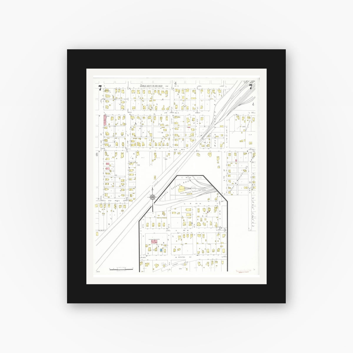 Old map wall art mockup — black gallery frame with white mat — Sanborn Fire Insurance Map from Albia, Monroe County, Iowa (1933), Sheet #0007