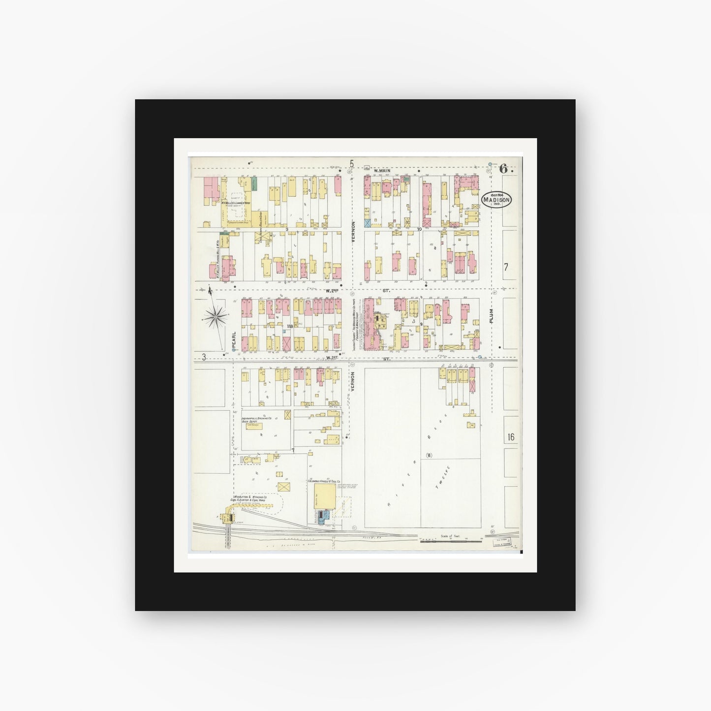 Old map wall art mockup — black gallery frame with white mat — Sanborn Fire Insurance Map from Madison, Jefferson County, Indiana (1904), Sheet #0006