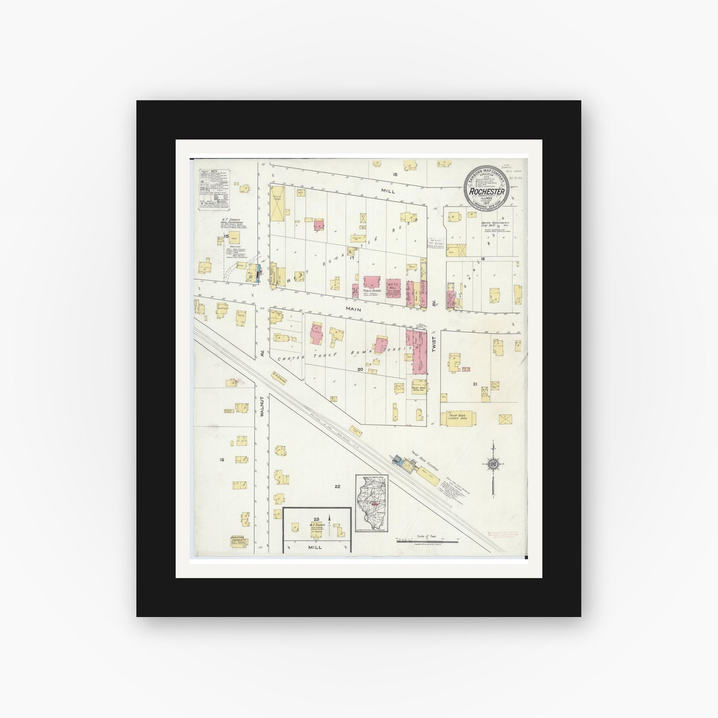Old map wall art mockup — black gallery frame with white mat — Sanborn Fire Insurance Map from Rochester, Sangamon County, Illinois (1917), Sheet #0001
