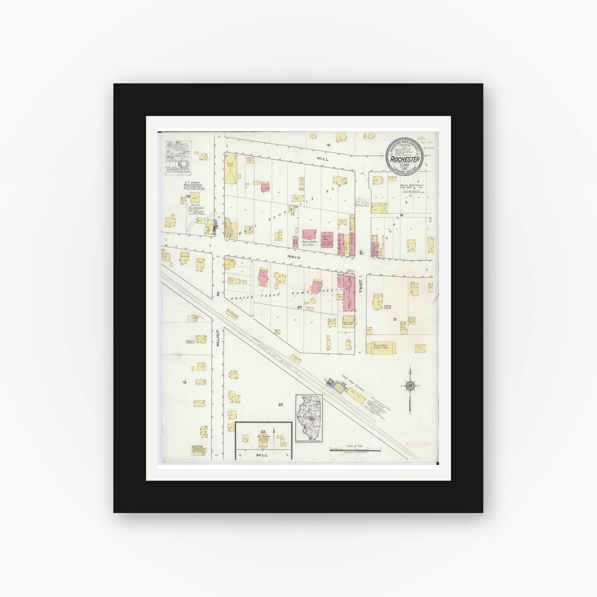 Old map wall art mockup — black gallery frame with white mat — Sanborn Fire Insurance Map from Rochester, Sangamon County, Illinois (1917), Sheet #0001