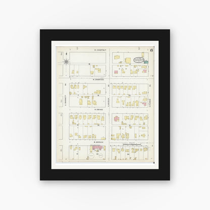 Old map wall art mockup — black gallery frame with white mat — Sanborn Fire Insurance Map from Denison, Grayson County, Texas (1892), Sheet #0006