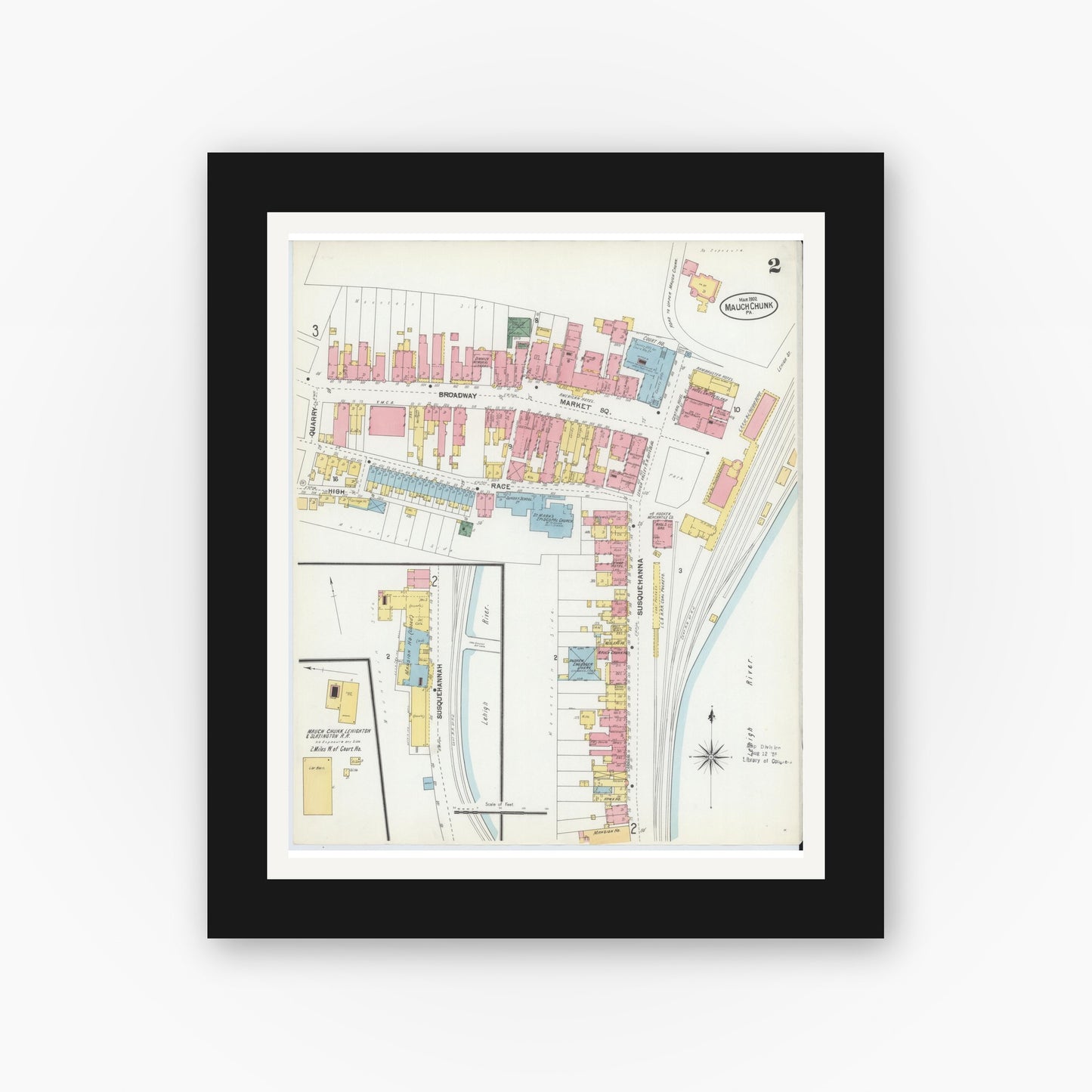 Old map wall art mockup — black gallery frame with white mat — Sanborn Fire Insurance Map from Mauch Chunk, Carbon County, Pennsylvania (1902), Sheet #0002