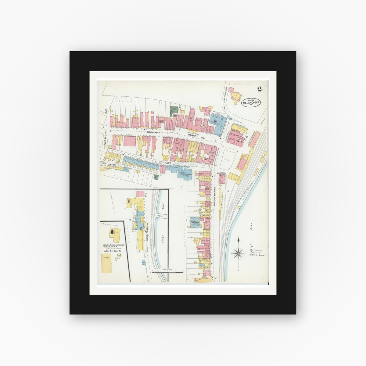 Old map wall art mockup — black gallery frame with white mat — Sanborn Fire Insurance Map from Mauch Chunk, Carbon County, Pennsylvania (1902), Sheet #0002