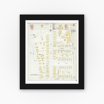 Old map wall art mockup — black gallery frame with white mat — Sanborn Fire Insurance Map from Lansing, Ingham County, Michigan (1906), Sheet #0021