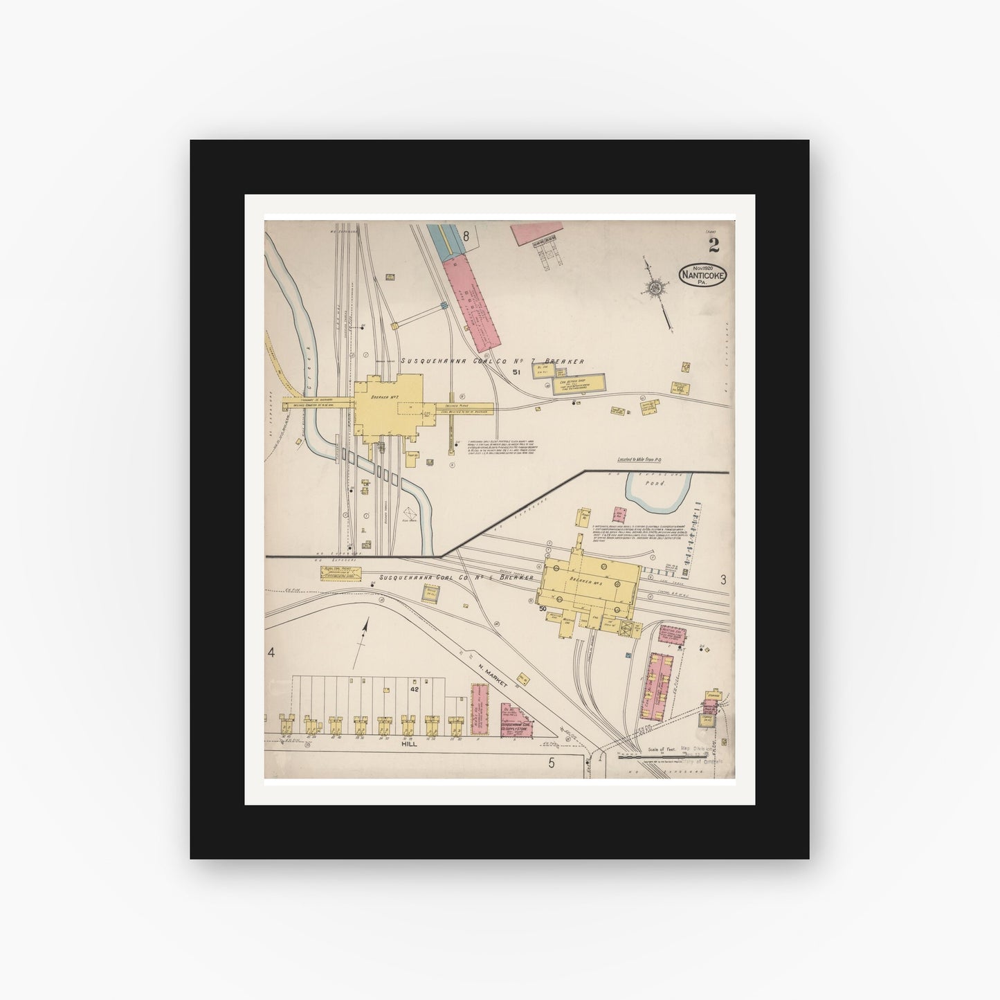 Old map wall art mockup — black gallery frame with white mat — Sanborn Fire Insurance Map from Nanticoke, Luzerne County, Pennsylvania (1920), Sheet #0002
