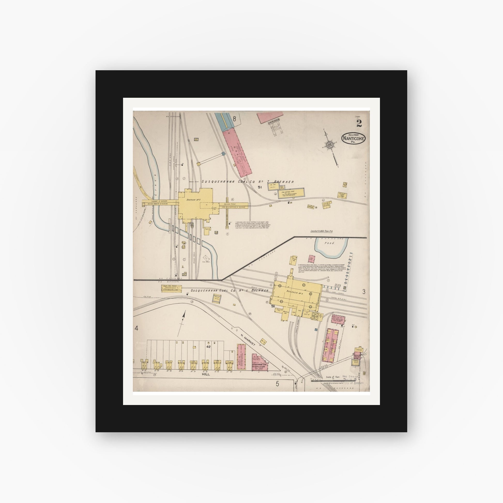 Old map wall art mockup — black gallery frame with white mat — Sanborn Fire Insurance Map from Nanticoke, Luzerne County, Pennsylvania (1920), Sheet #0002