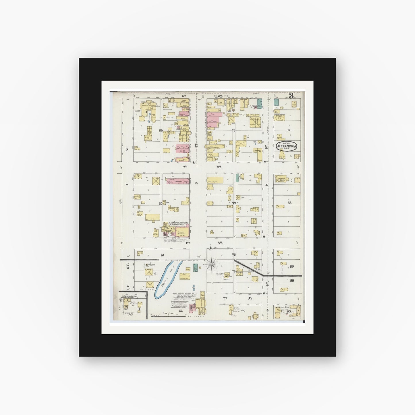 Old map wall art mockup — black gallery frame with white mat — Sanborn Fire Insurance Map from Alexandria, Douglas County, Minnesota (1892), Sheet #0003