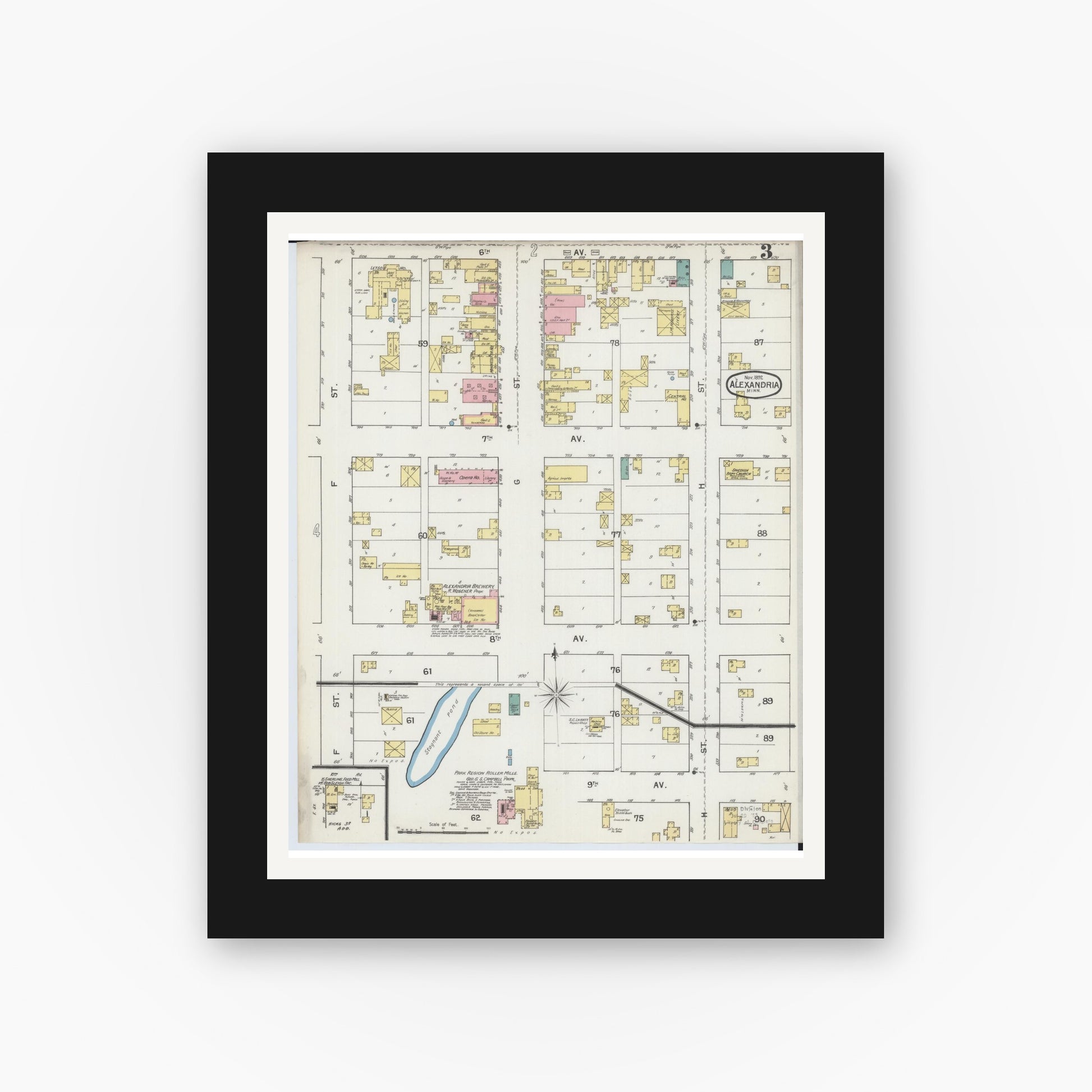 Old map wall art mockup — black gallery frame with white mat — Sanborn Fire Insurance Map from Alexandria, Douglas County, Minnesota (1892), Sheet #0003