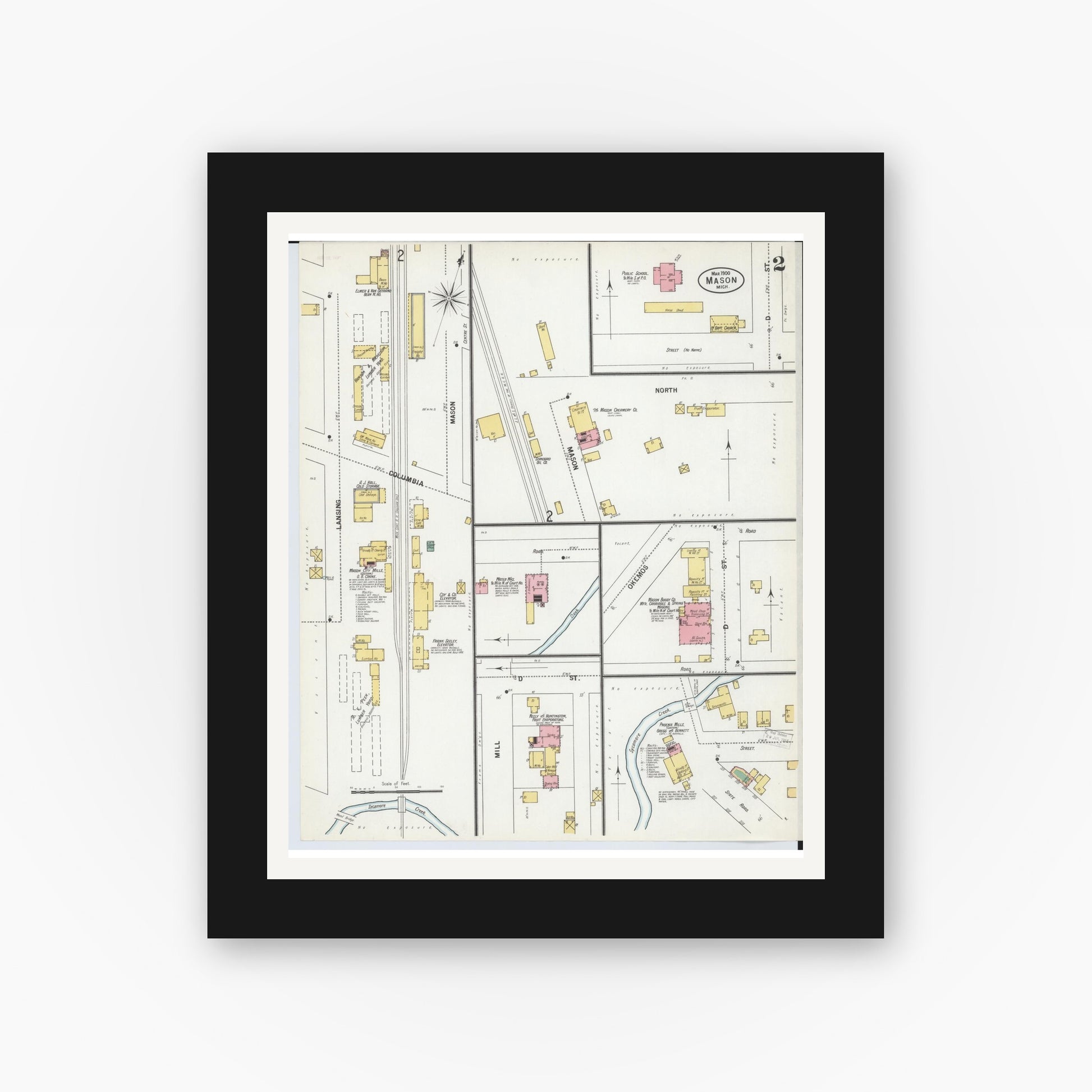 Old map wall art mockup — black gallery frame with white mat — Sanborn Fire Insurance Map from Mason, Ingham County, Michigan (1900), Sheet #0002