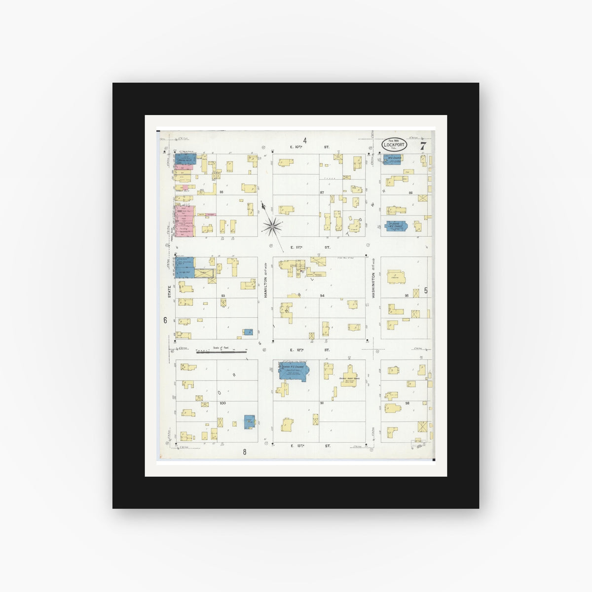 Old map wall art mockup — black gallery frame with white mat — Sanborn Fire Insurance Map from Lockport, Will County, Illinois (1909), Sheet #0007