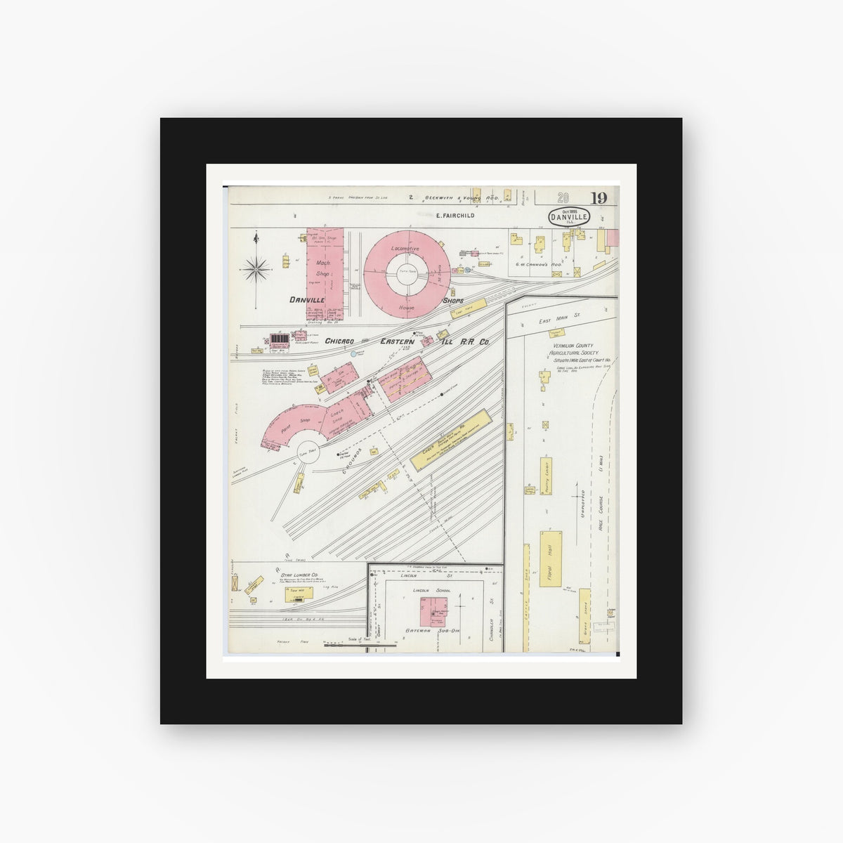 Old map wall art mockup — black gallery frame with white mat — Sanborn Fire Insurance Map from Danville, Vermilion County, Illinois (1895), Sheet #0019