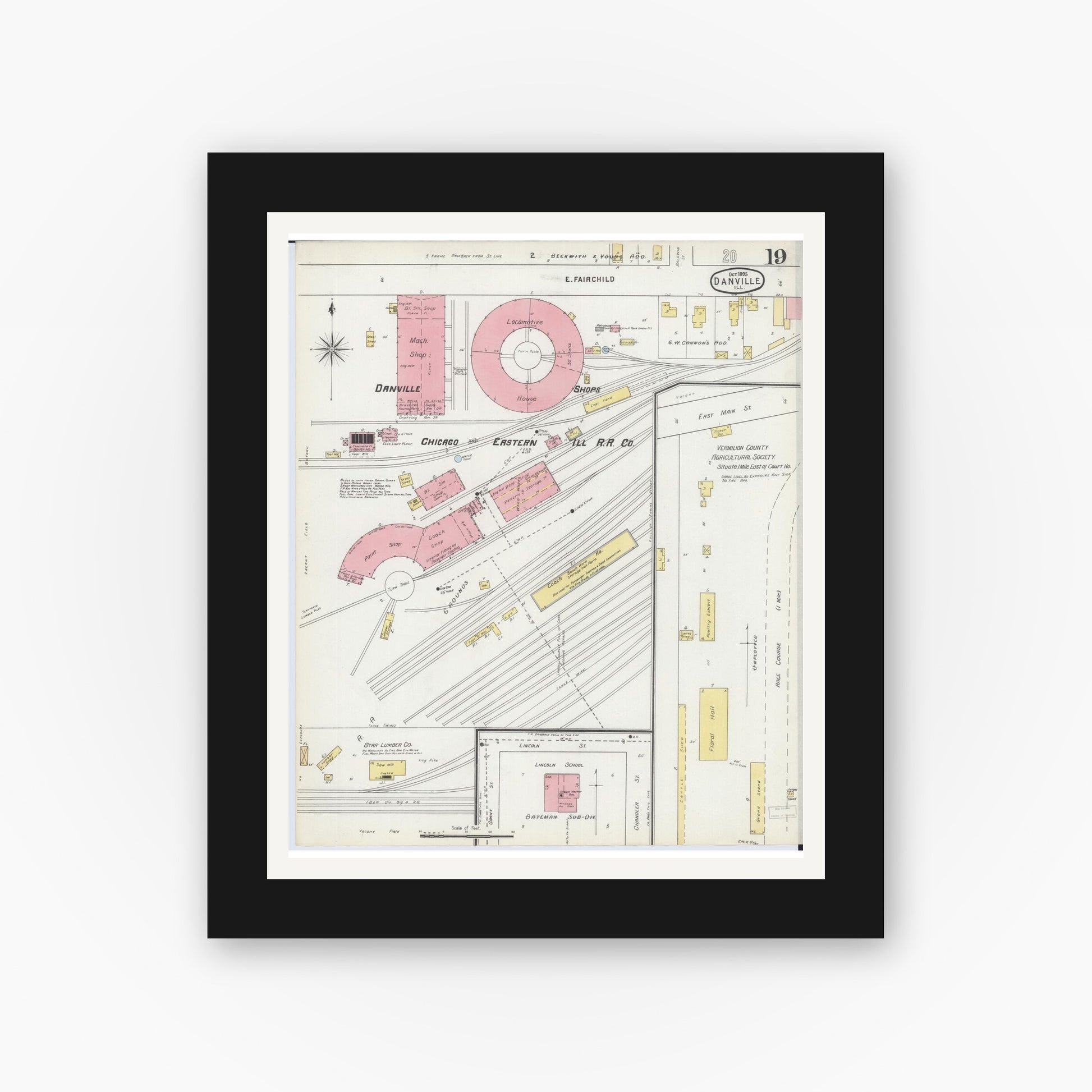 Old map wall art mockup — black gallery frame with white mat — Sanborn Fire Insurance Map from Danville, Vermilion County, Illinois (1895), Sheet #0019