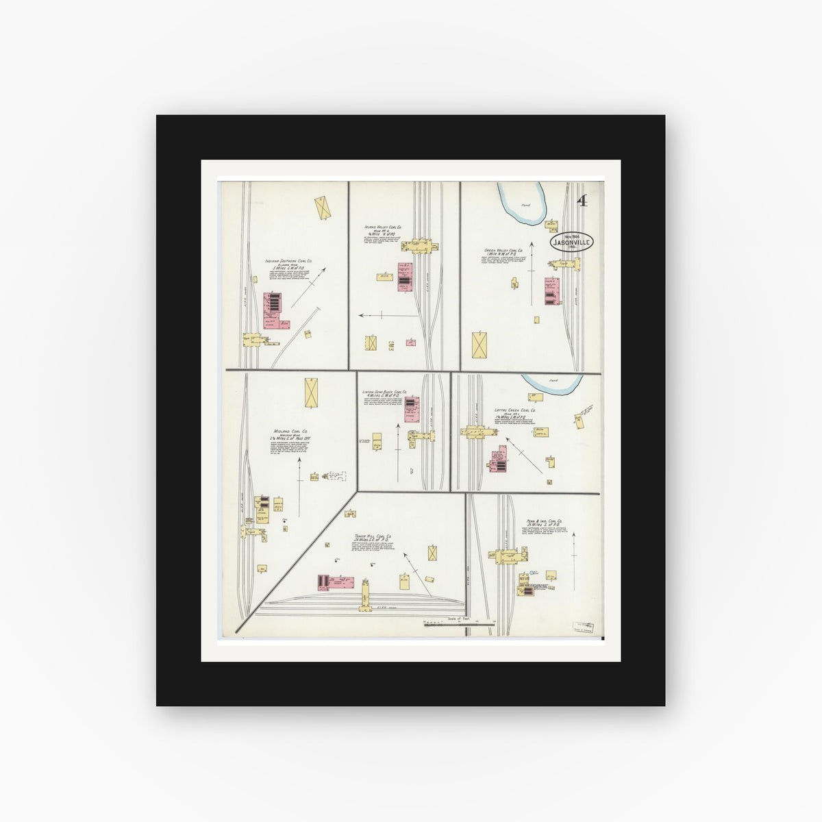 Old map wall art mockup — black gallery frame with white mat — Sanborn Fire Insurance Map from Jasonville, Greene County, Indiana (1904), Sheet #0004