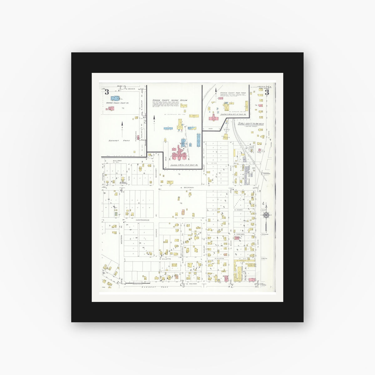 Old map wall art mockup — black gallery frame with white mat — Sanborn Fire Insurance Map from Viroqua, Vernon County, Wisconsin (1933), Sheet #0003