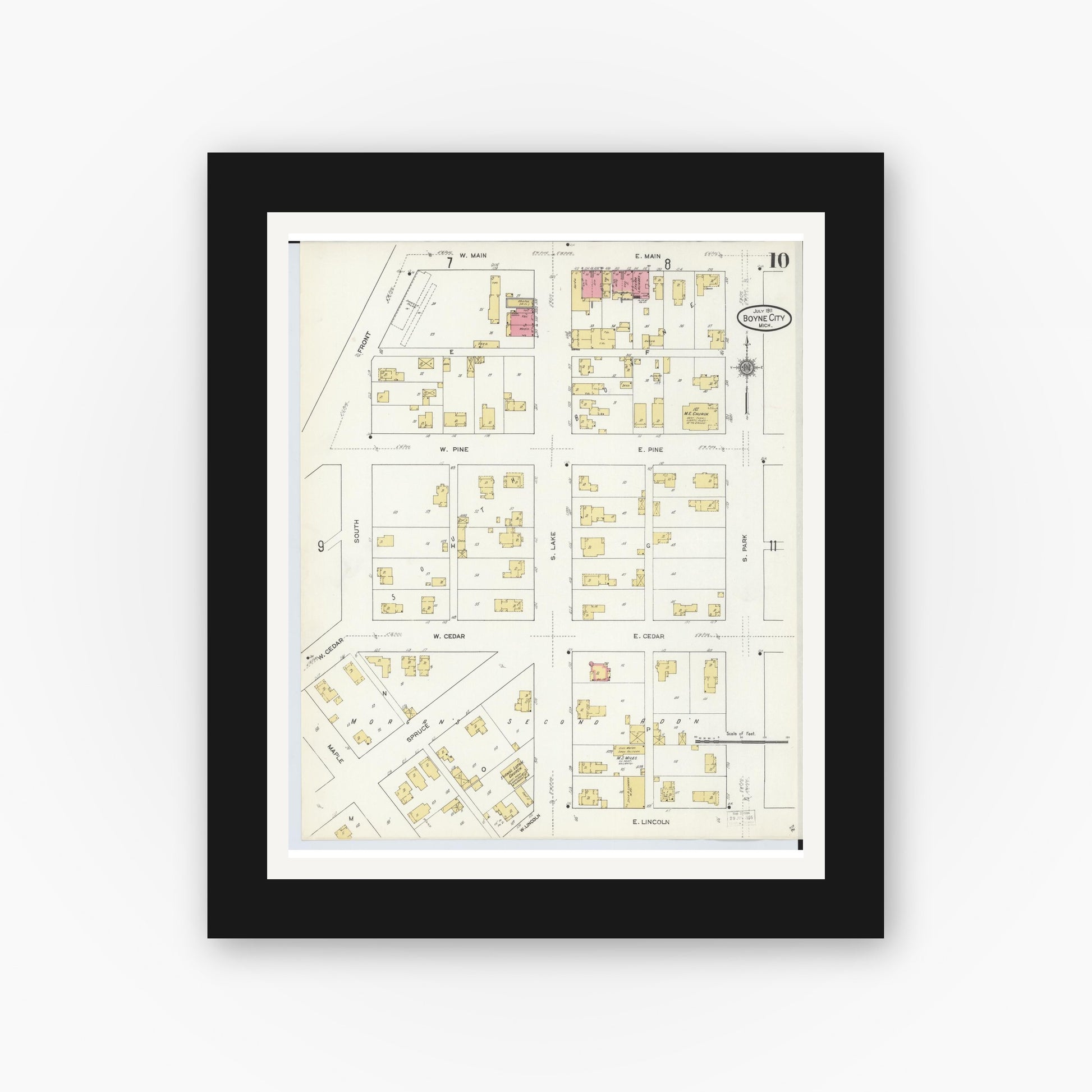 Old map wall art mockup — black gallery frame with white mat — Sanborn Fire Insurance Map from Boyne City, Charlevoix County, Michigan (1911), Sheet #0010