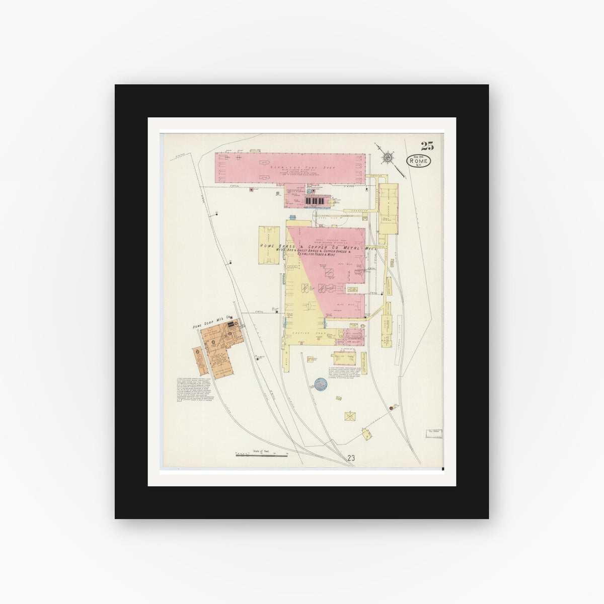 Old map wall art mockup — black gallery frame with white mat — Sanborn Fire Insurance Map from Rome, Oneida County, New York (1914), Sheet #0025