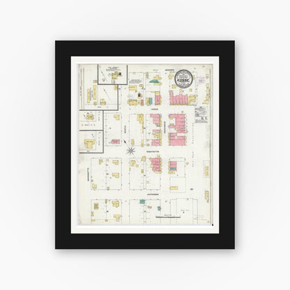 Old map wall art mockup — black gallery frame with white mat — Sanborn Fire Insurance Map from Kosse, Limestone County, Texas (1905), Sheet #0001