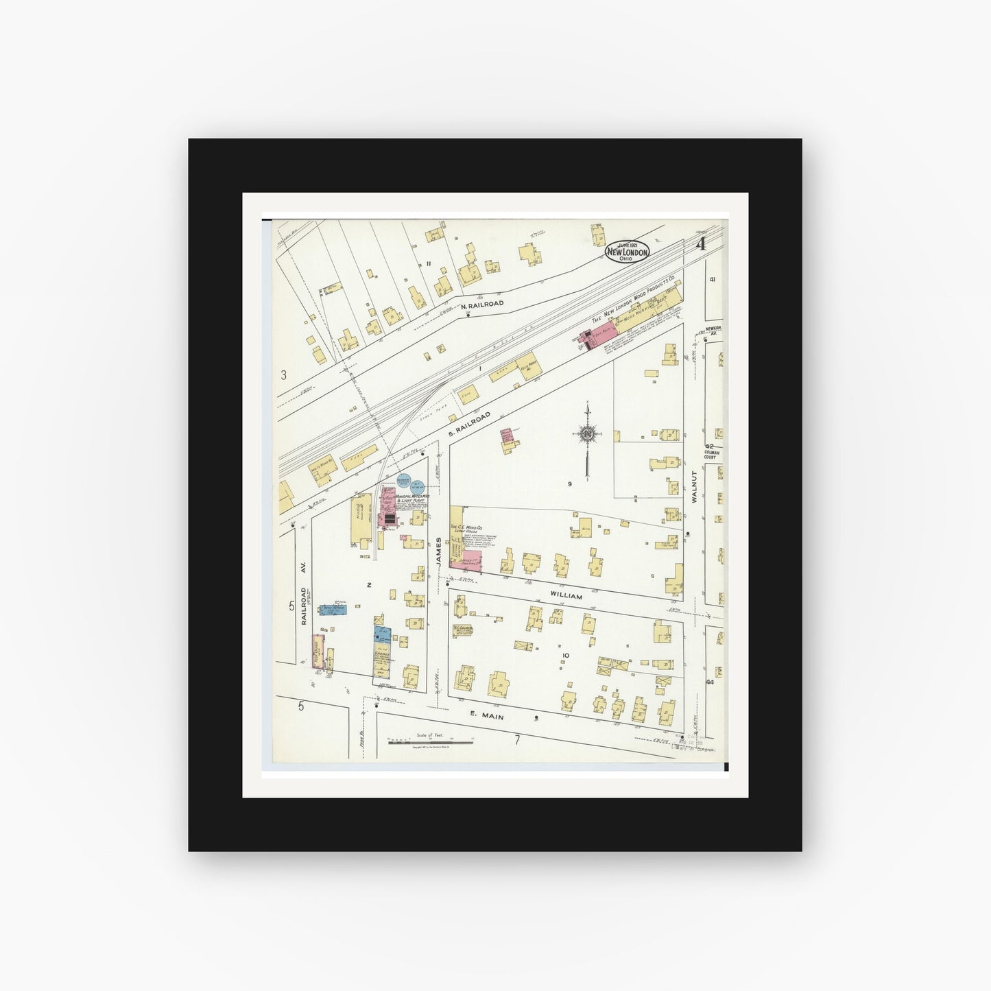 Old map wall art mockup — black gallery frame with white mat — Sanborn Fire Insurance Map from New London, Huron County, Ohio (1921), Sheet #0004