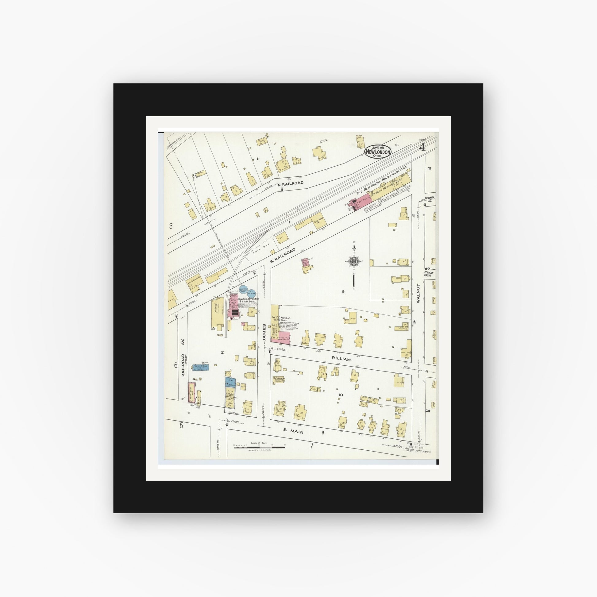 Old map wall art mockup — black gallery frame with white mat — Sanborn Fire Insurance Map from New London, Huron County, Ohio (1921), Sheet #0004