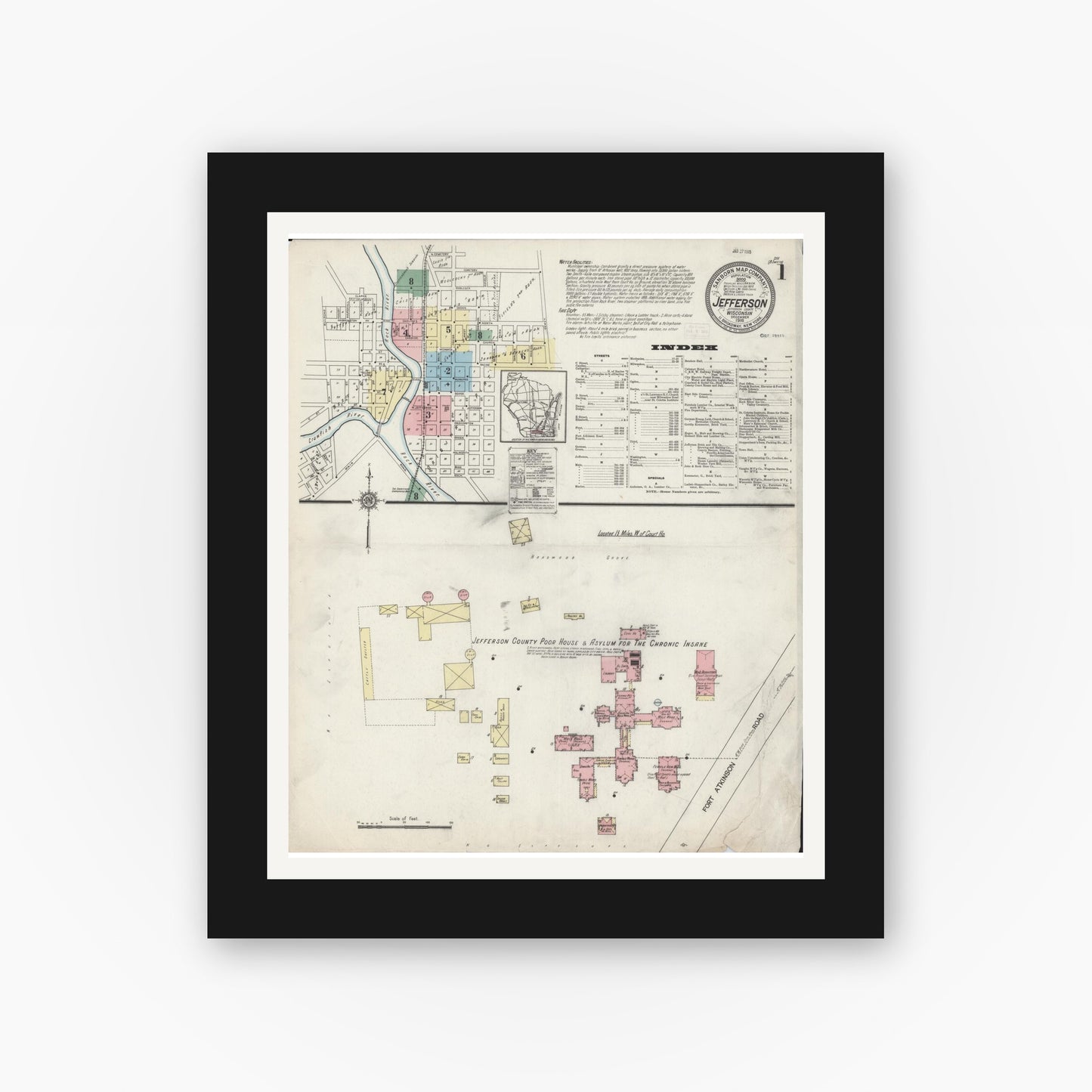 Old map wall art mockup — black gallery frame with white mat — Sanborn Fire Insurance Map from Jefferson, Jefferson County, Wisconsin (1914) - Complete Map Set