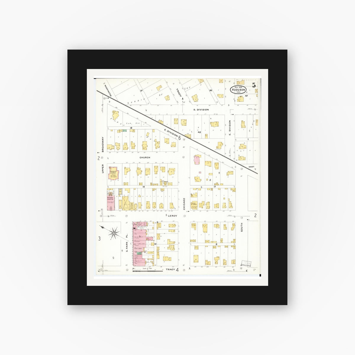 Old map wall art mockup — black gallery frame with white mat — Sanborn Fire Insurance Map from Audubon, Audubon County, Iowa (1908), Sheet #0005
