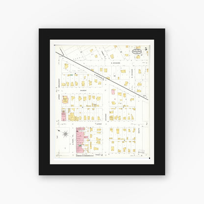 Old map wall art mockup — black gallery frame with white mat — Sanborn Fire Insurance Map from Audubon, Audubon County, Iowa (1908), Sheet #0005