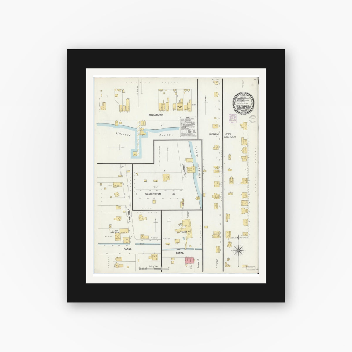 Old map wall art mockup — black gallery frame with white mat — Sanborn Fire Insurance Map from New Smyrna, Valusia County, Florida (1901), Sheet #0001