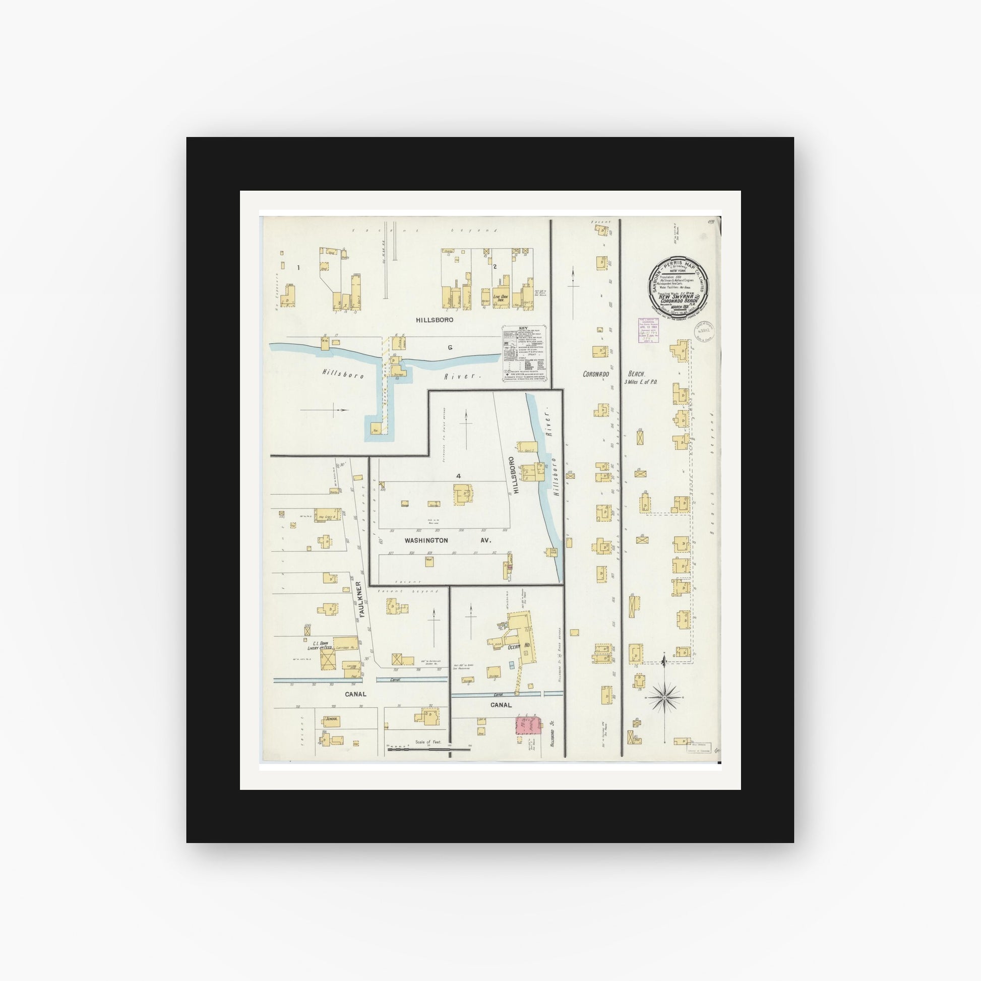 Old map wall art mockup — black gallery frame with white mat — Sanborn Fire Insurance Map from New Smyrna, Valusia County, Florida (1901), Sheet #0001