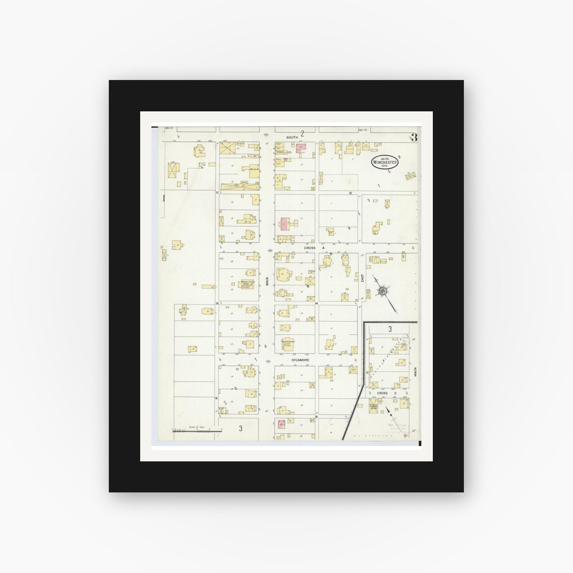 Old map wall art mockup — black gallery frame with white mat — Sanborn Fire Insurance Map from Winchester, Adams County, Ohio (1912), Sheet #0003