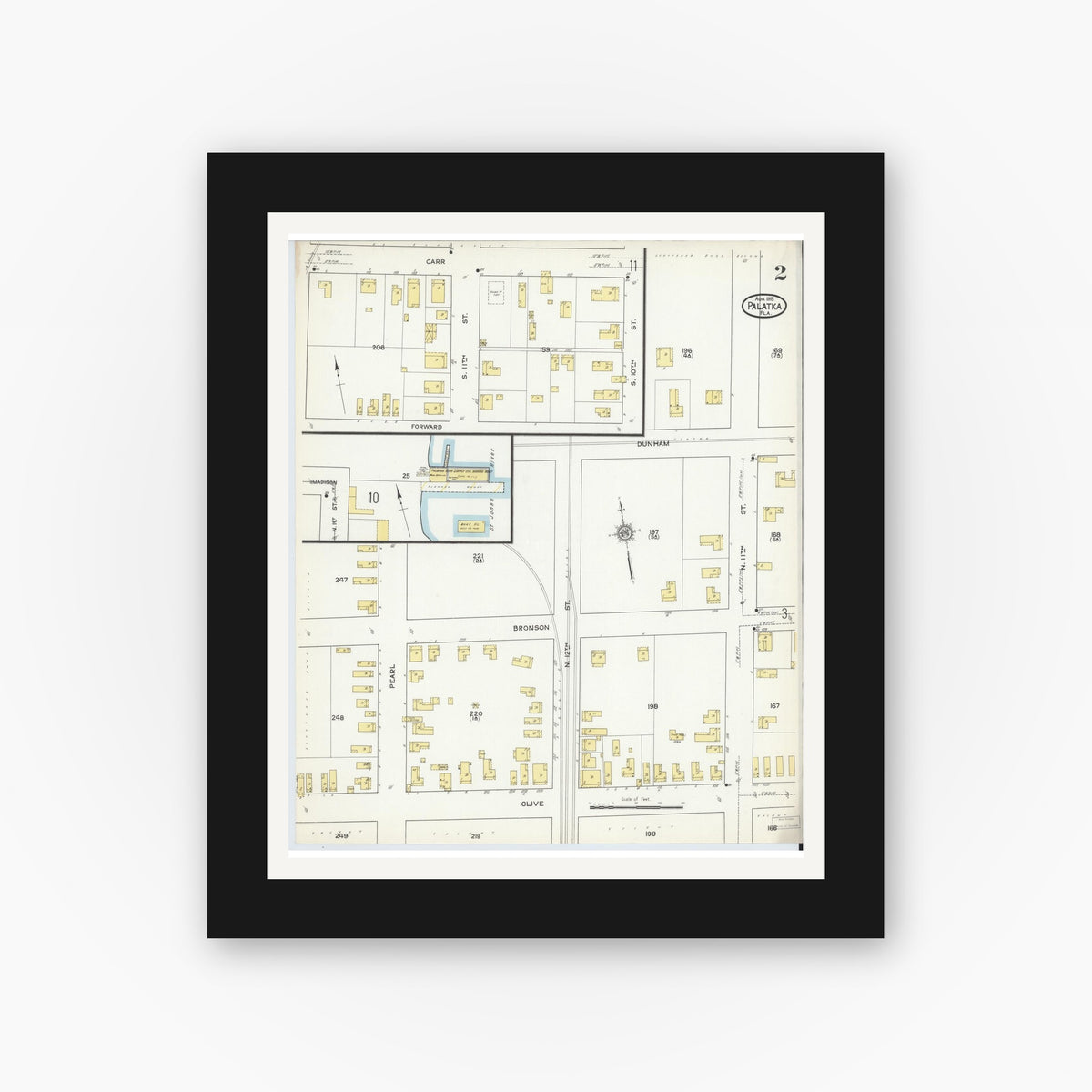 Old map wall art mockup — black gallery frame with white mat — Sanborn Fire Insurance Map from Palatka, Putnam County, Florida (1915), Sheet #0002