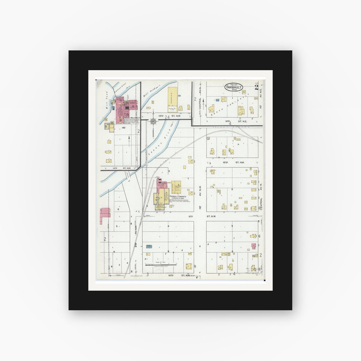 Old map wall art mockup — black gallery frame with white mat — Sanborn Fire Insurance Map from Faribault, Rice County, Minnesota (1921), Sheet #0002