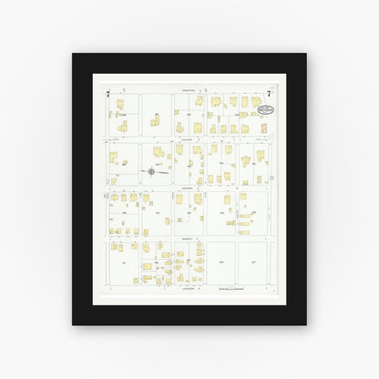 Old map wall art mockup — black gallery frame with white mat — Sanborn Fire Insurance Map from Monroe, Union County, North Carolina (1930), Sheet #0007