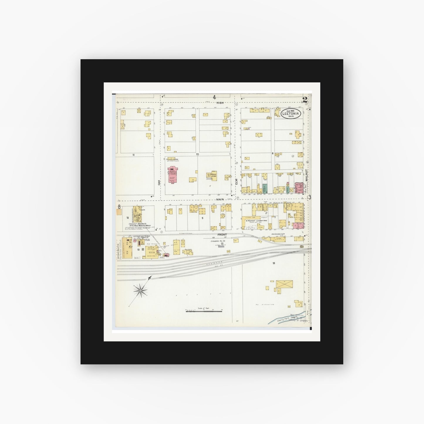 Old map wall art mockup — black gallery frame with white mat — Sanborn Fire Insurance Map from Leetonia, Columbiana County, Ohio (1903), Sheet #0002