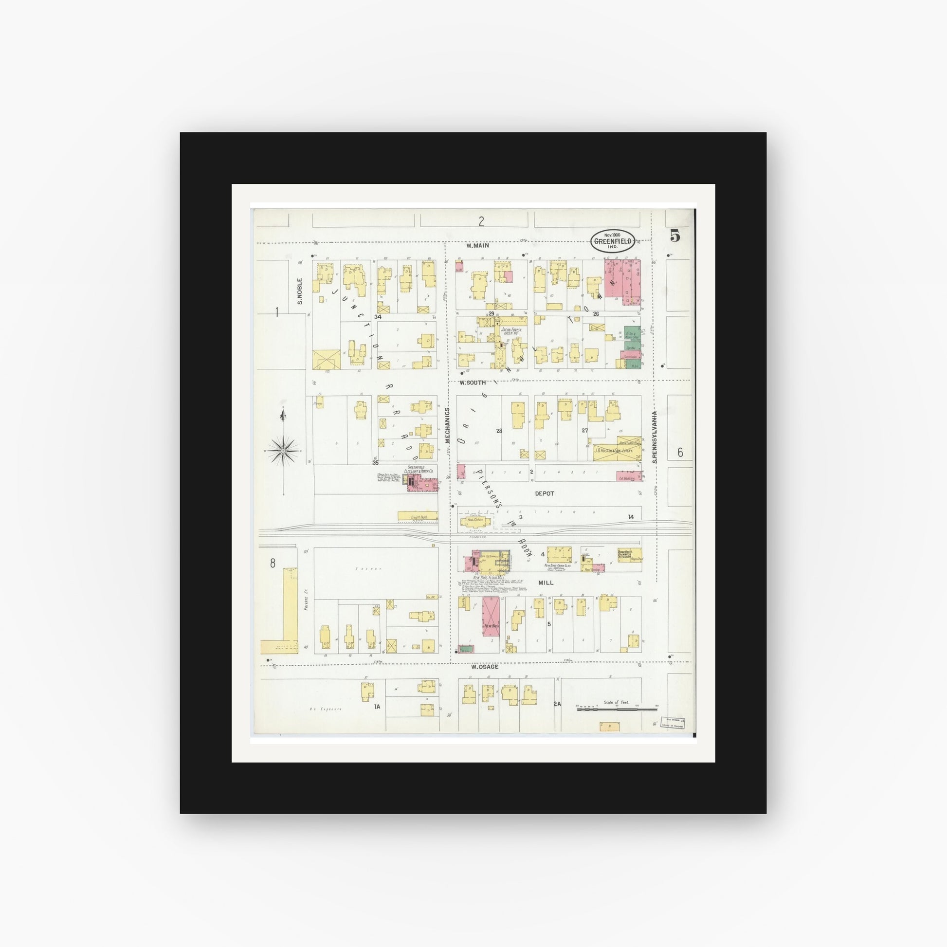 Old map wall art mockup — black gallery frame with white mat — Sanborn Fire Insurance Map from Greenfield, Hancock County, Indiana (1900), Sheet #0005