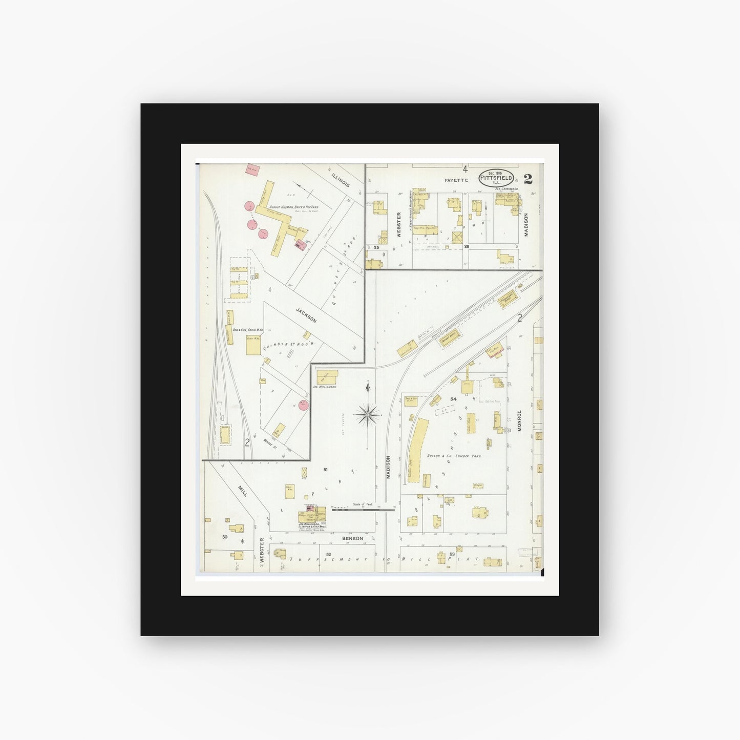 Old map wall art mockup — black gallery frame with white mat — Sanborn Fire Insurance Map from Pittsfield, Pike County, Illinois (1905), Sheet #0002