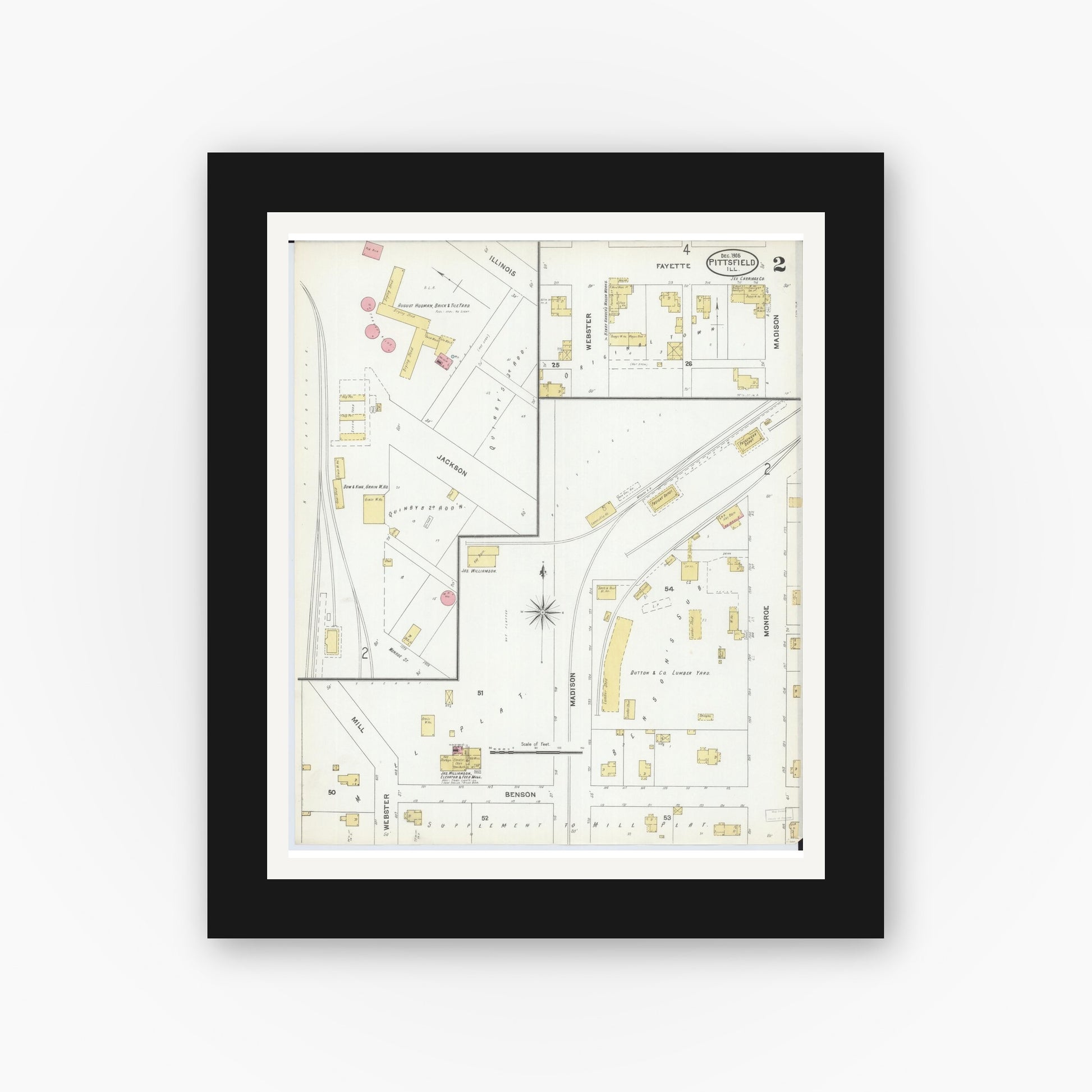 Old map wall art mockup — black gallery frame with white mat — Sanborn Fire Insurance Map from Pittsfield, Pike County, Illinois (1905), Sheet #0002
