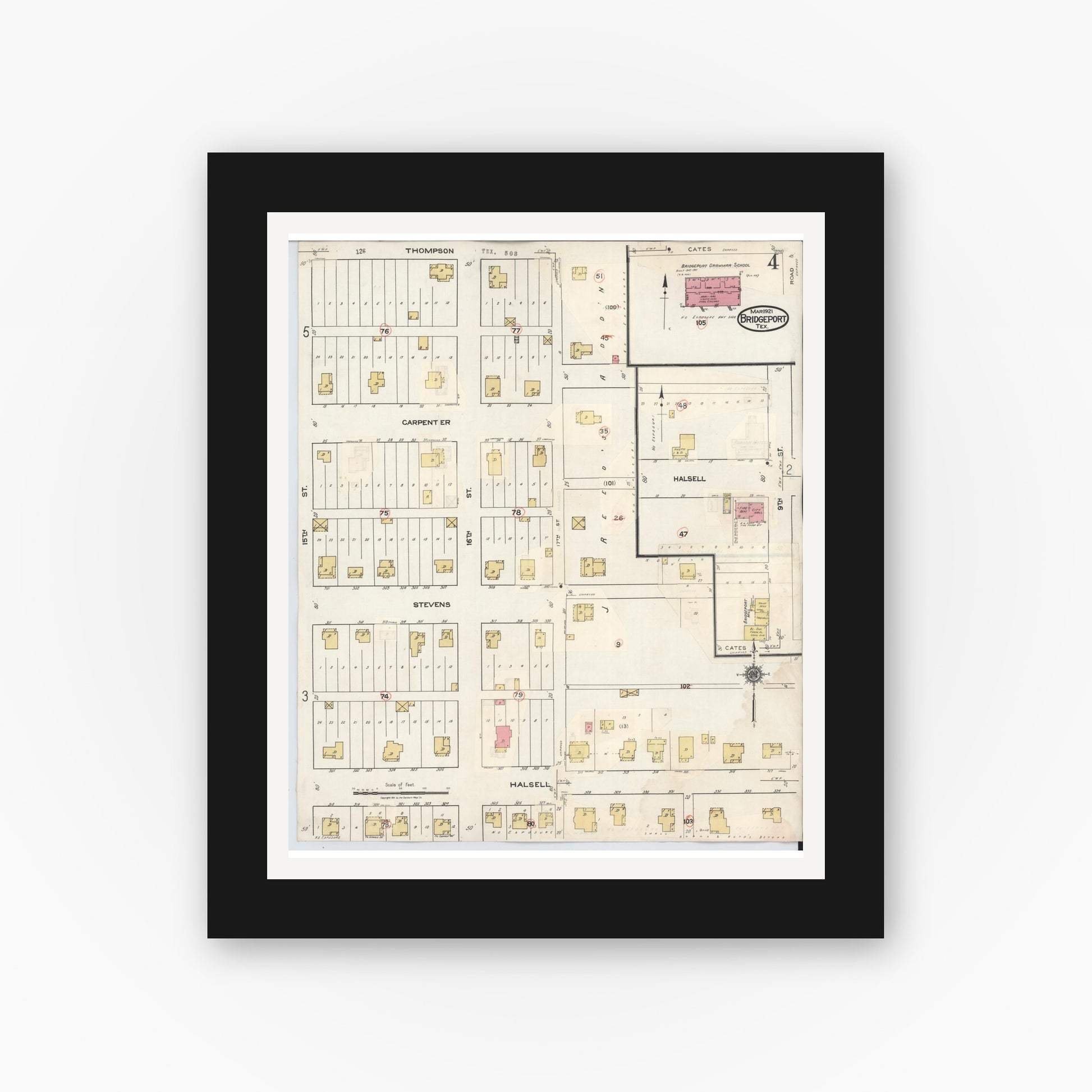 Old map wall art mockup — black gallery frame with white mat — Sanborn Fire Insurance Map from Bridgeport, Wise County, Texas (1944), Sheet #0004