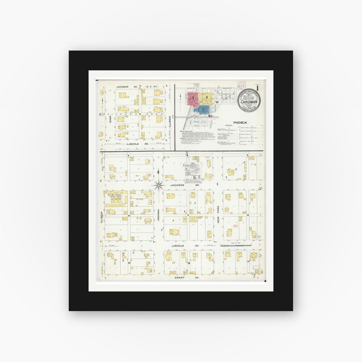 Old map wall art mockup — black gallery frame with white mat — Sanborn Fire Insurance Map from Chrisman, Edgar County, Illinois (1908) - Complete Map Set