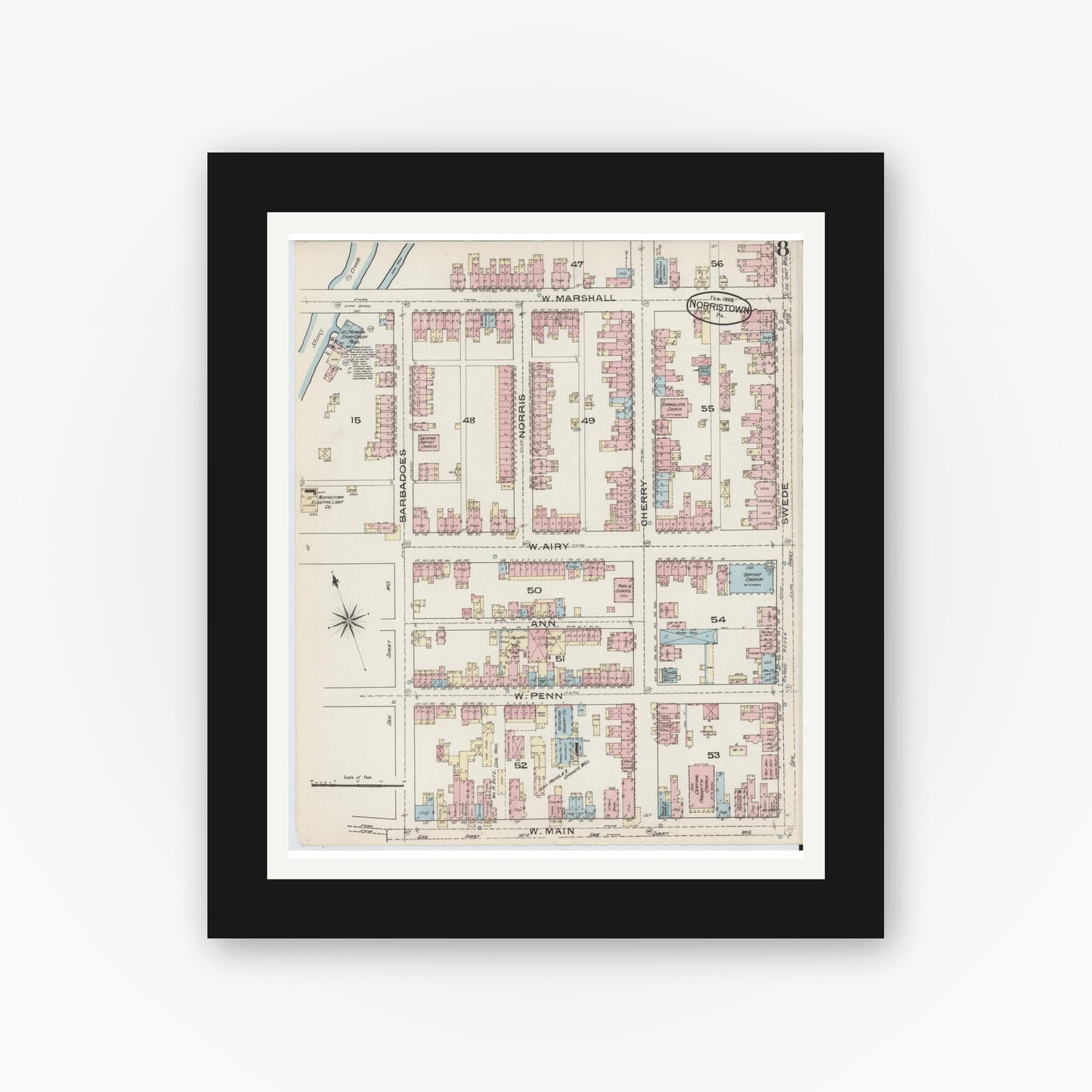 Old map wall art mockup — black gallery frame with white mat — Sanborn Fire Insurance Map from Norristown, Montgomery County, Pennsylvania (1886), Sheet #0008