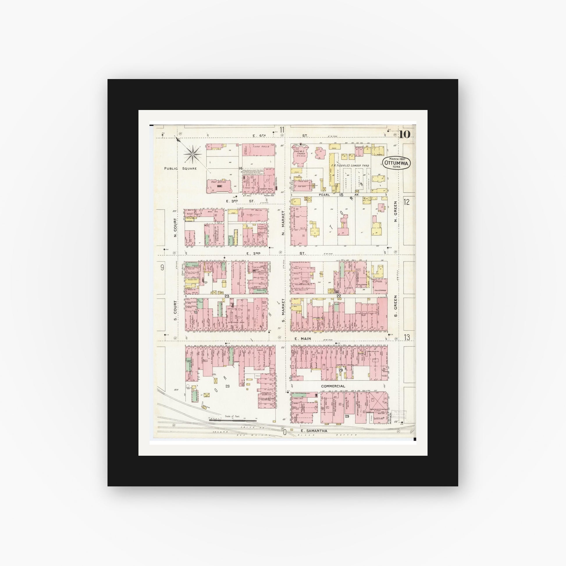 Old map wall art mockup — black gallery frame with white mat — Sanborn Fire Insurance Map from Ottumwa, Wapello County, Iowa (1897), Sheet #0010
