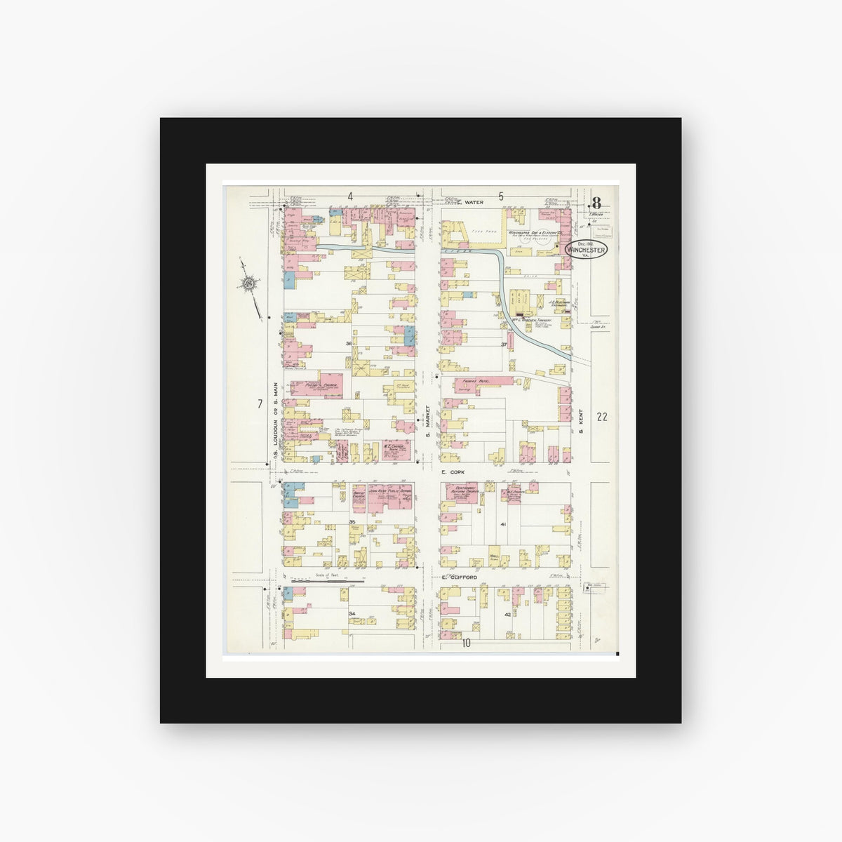 Old map wall art mockup — black gallery frame with white mat — Sanborn Fire Insurance Map from Winchester, Independent Cities, Virginia (1912), Sheet #0008