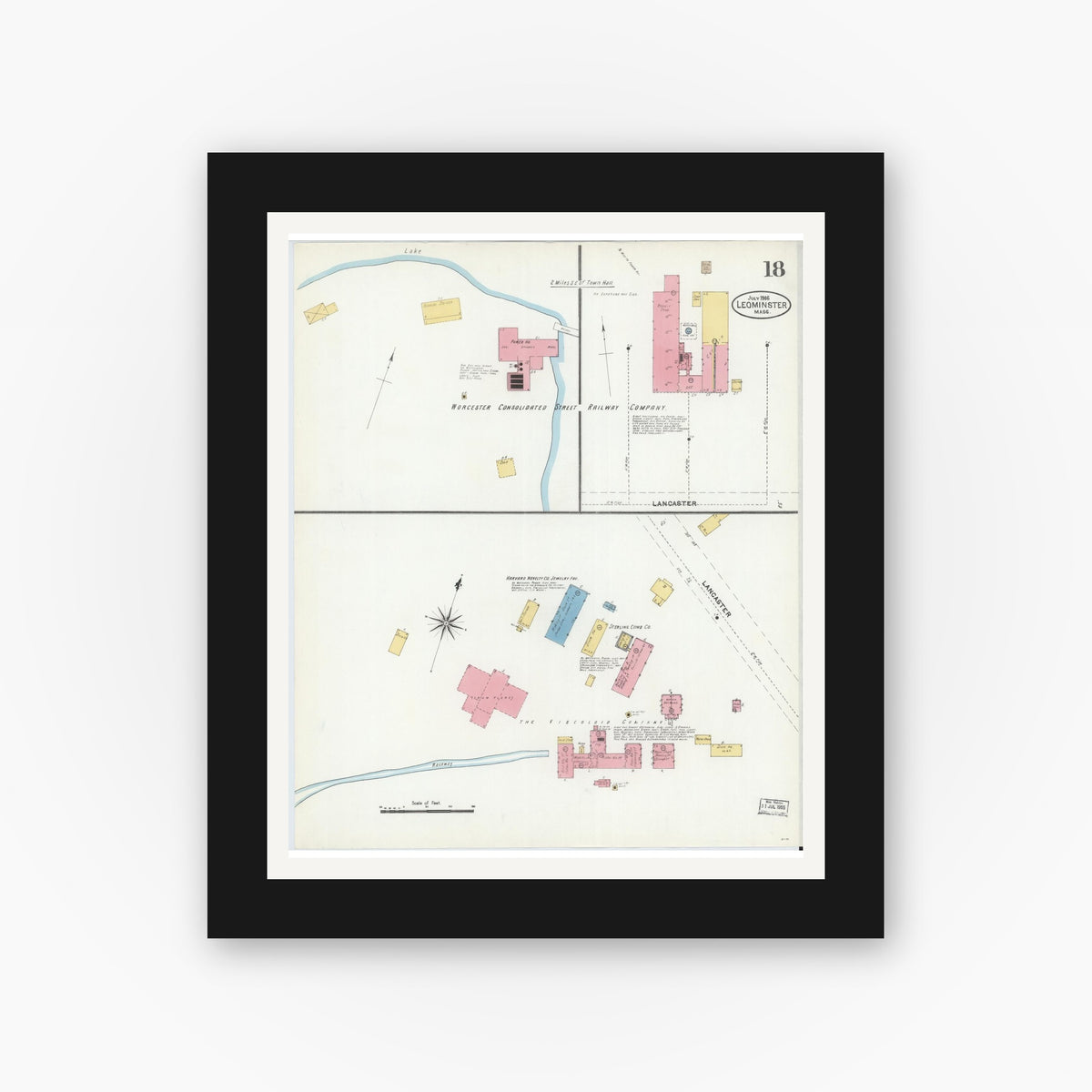 Old map wall art mockup — black gallery frame with white mat — Sanborn Fire Insurance Map from Leominster, Worcester County, Massachusetts (1906), Sheet #0018
