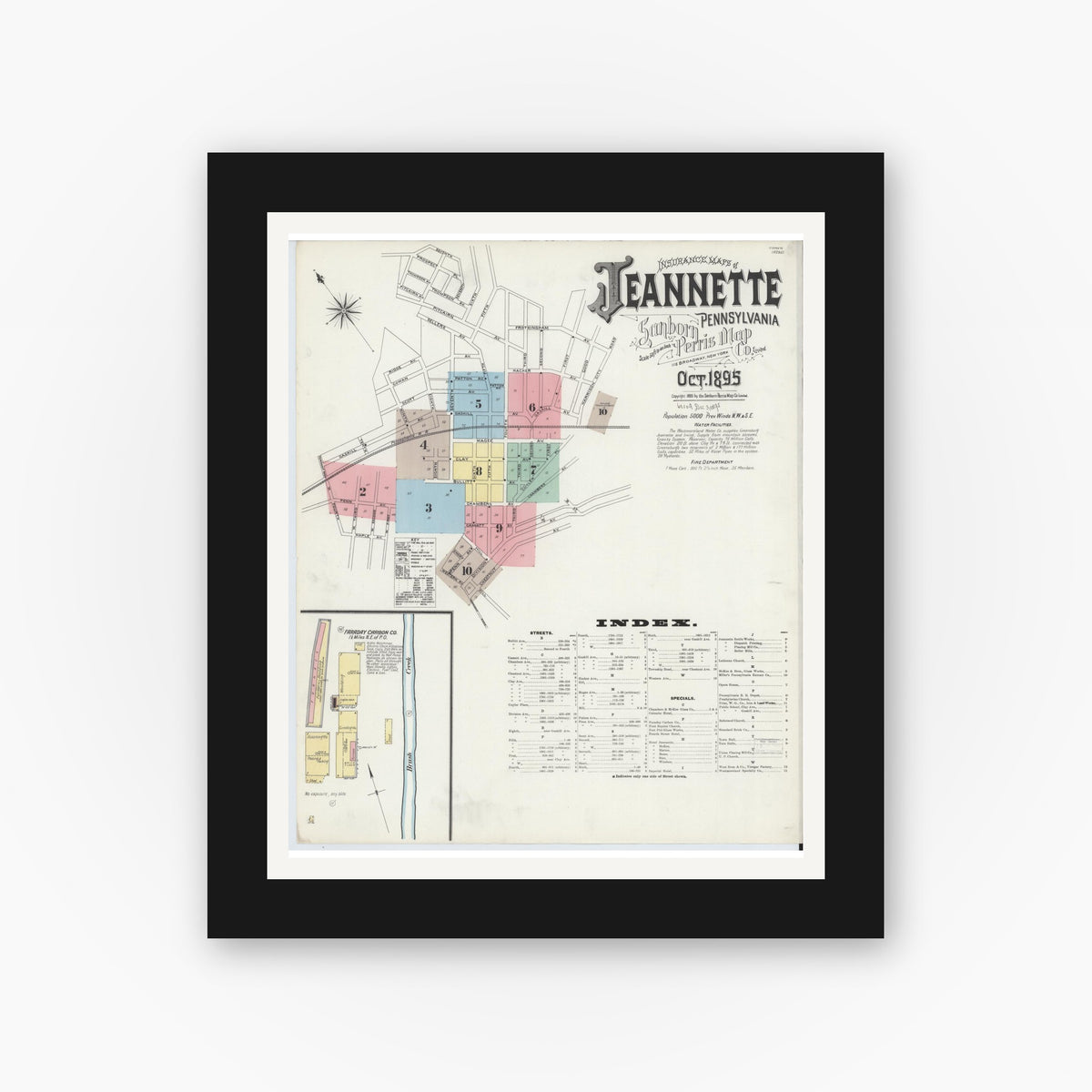 Old map wall art mockup — black gallery frame with white mat — Sanborn Fire Insurance Map from Jeannette, Westmoreland County, Pennsylvania (1895) - Complete Map Set
