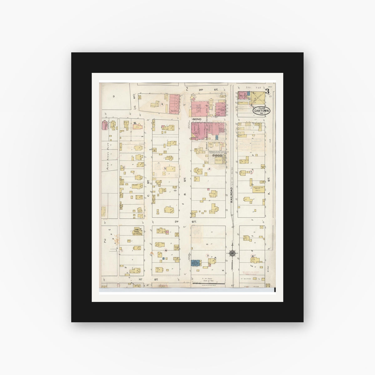 Old map wall art mockup — black gallery frame with white mat — Sanborn Fire Insurance Map from Oaktown, Knox County, Indiana (1932), Sheet #0003