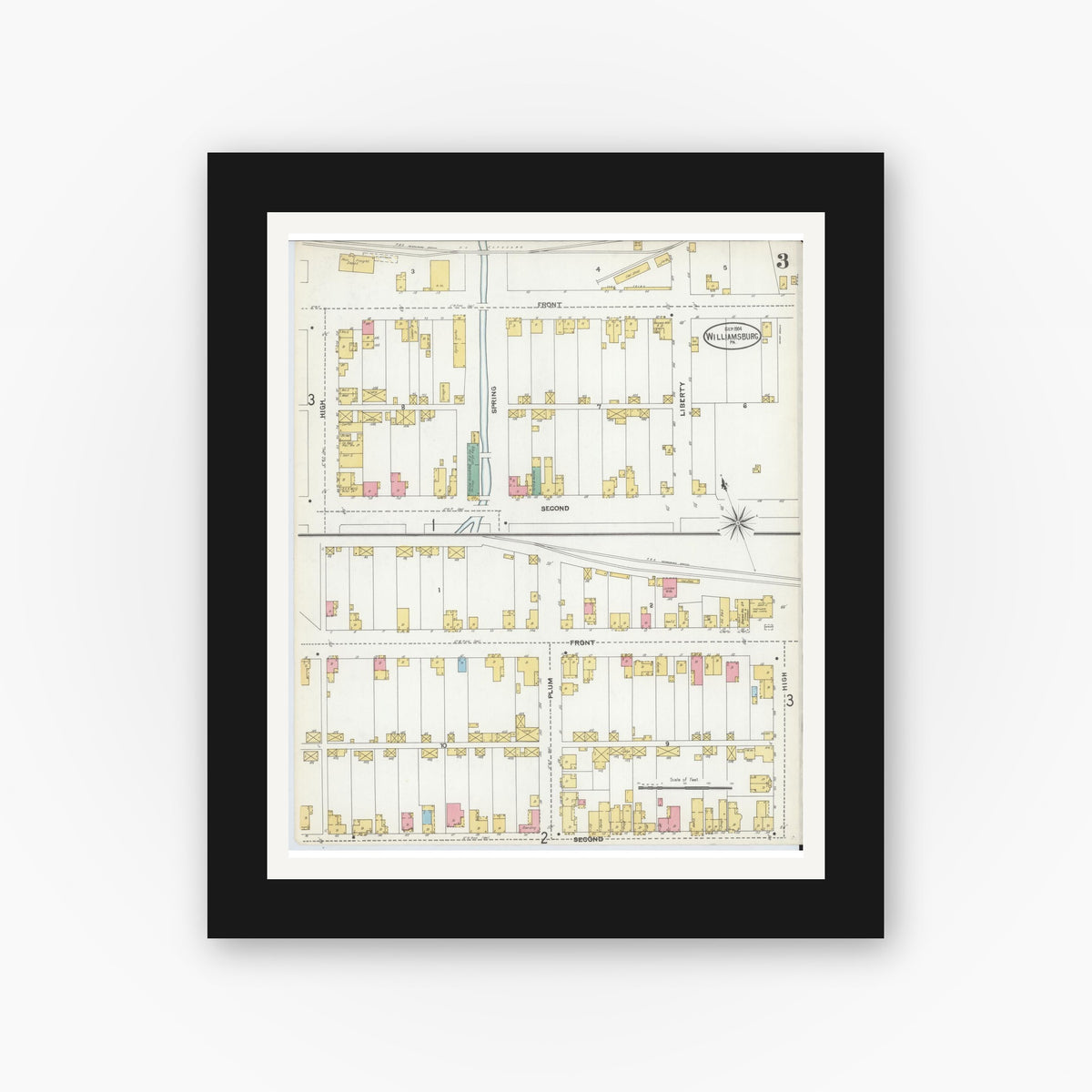 Old map wall art mockup — black gallery frame with white mat — Sanborn Fire Insurance Map from Williamsburg, Blair County, Pennsylvania (1904), Sheet #0003