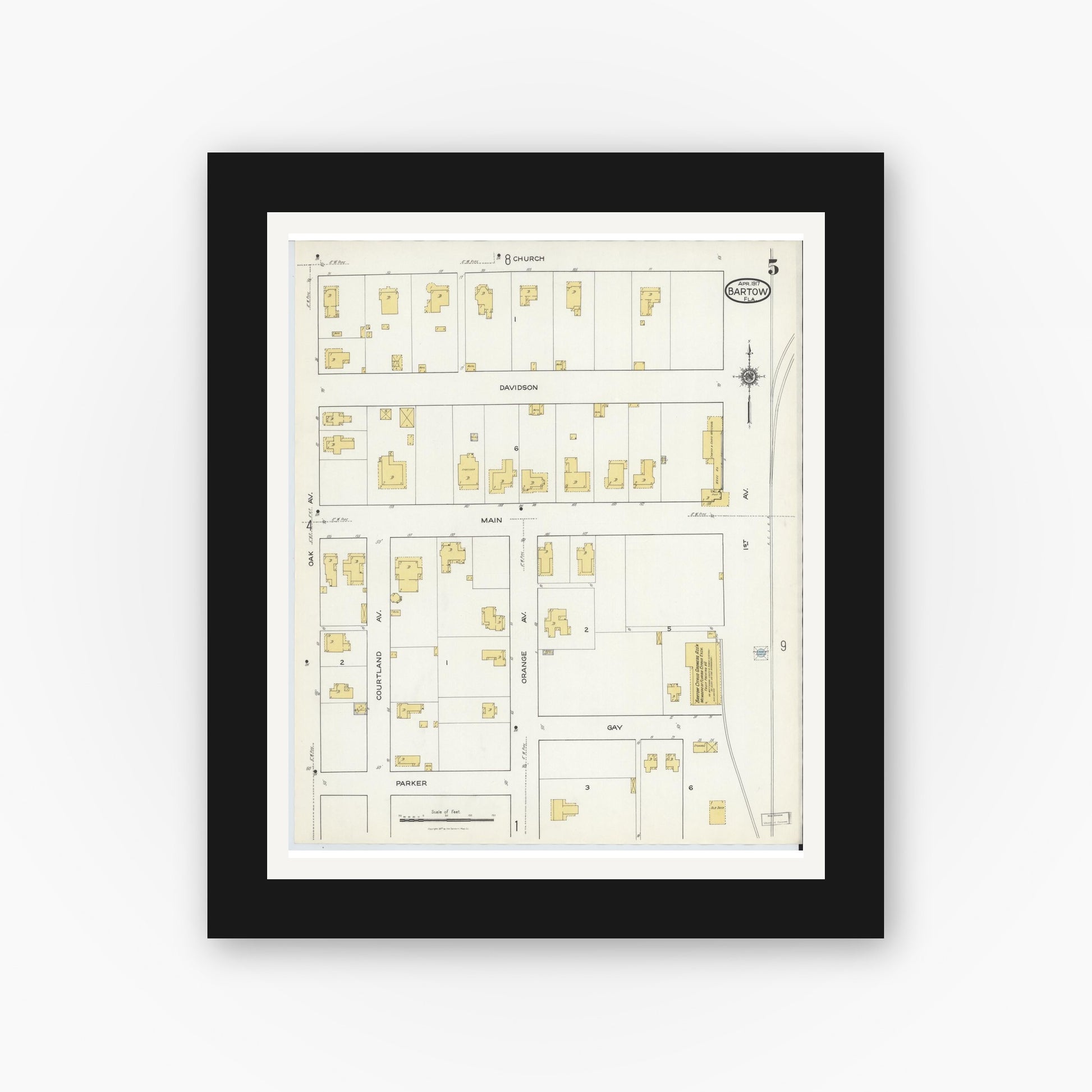 Old map wall art mockup — black gallery frame with white mat — Sanborn Fire Insurance Map from Bartow, Polk County, Florida (1917), Sheet #0005