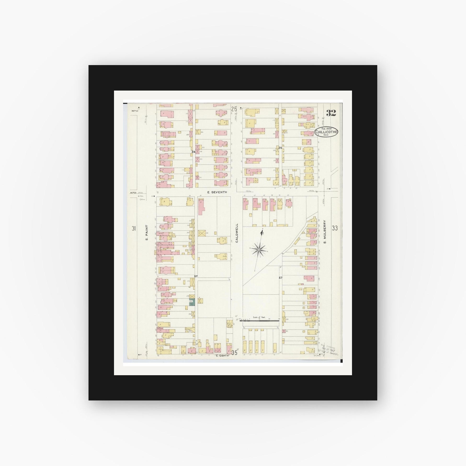 Old map wall art mockup — black gallery frame with white mat — Sanborn Fire Insurance Map from Chillicothe, Ross County, Ohio (1909), Sheet #0032