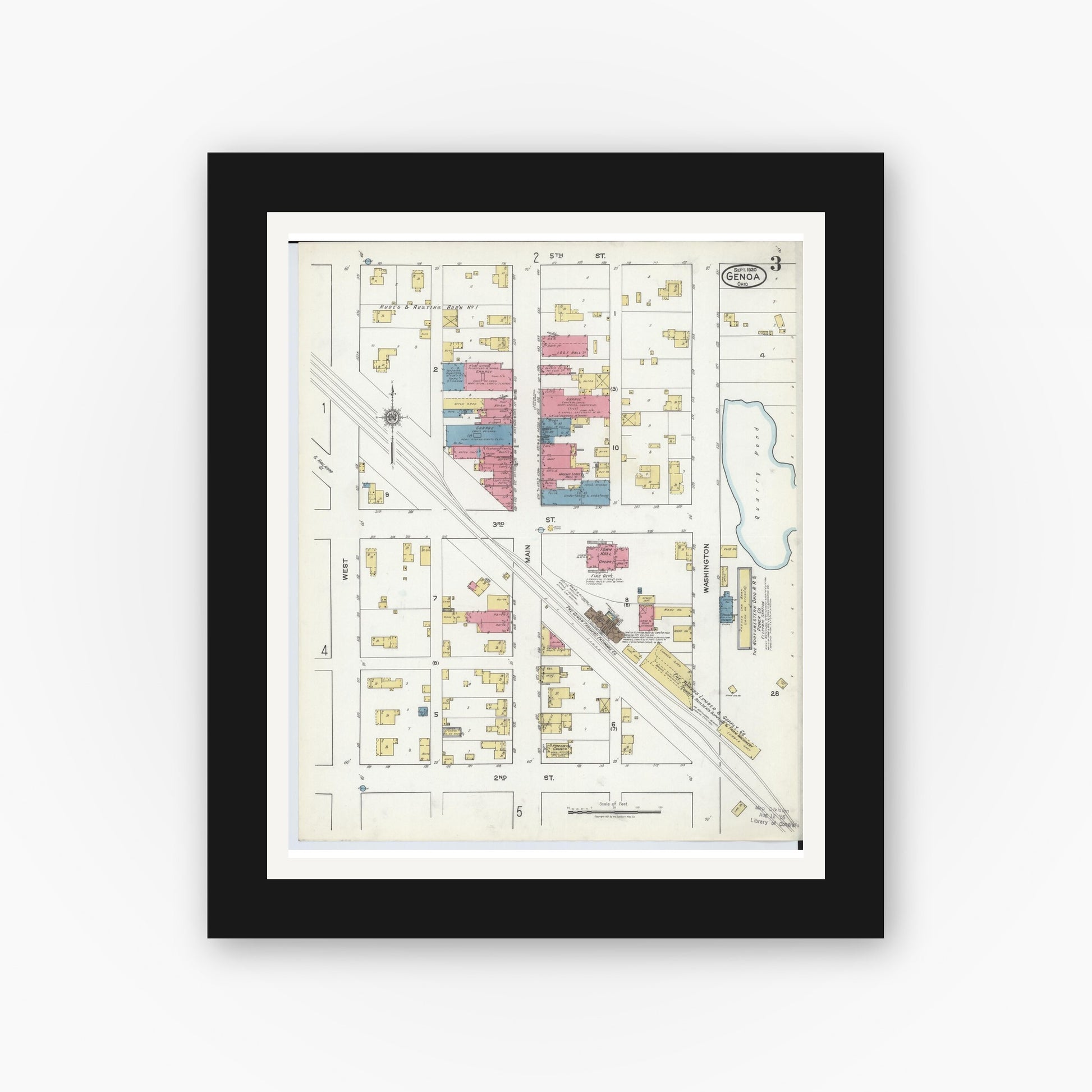 Old map wall art mockup — black gallery frame with white mat — Sanborn Fire Insurance Map from Genoa, Ottawa County, Ohio (1920), Sheet #0003