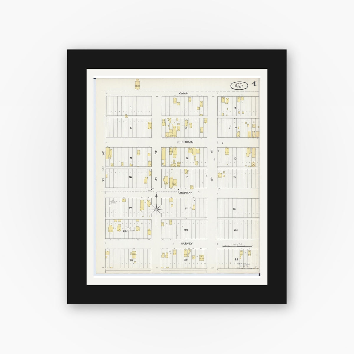 Old map wall art mockup — black gallery frame with white mat — Sanborn Fire Insurance Map from Ely, Saint Louis County, Minnesota (1892), Sheet #0004